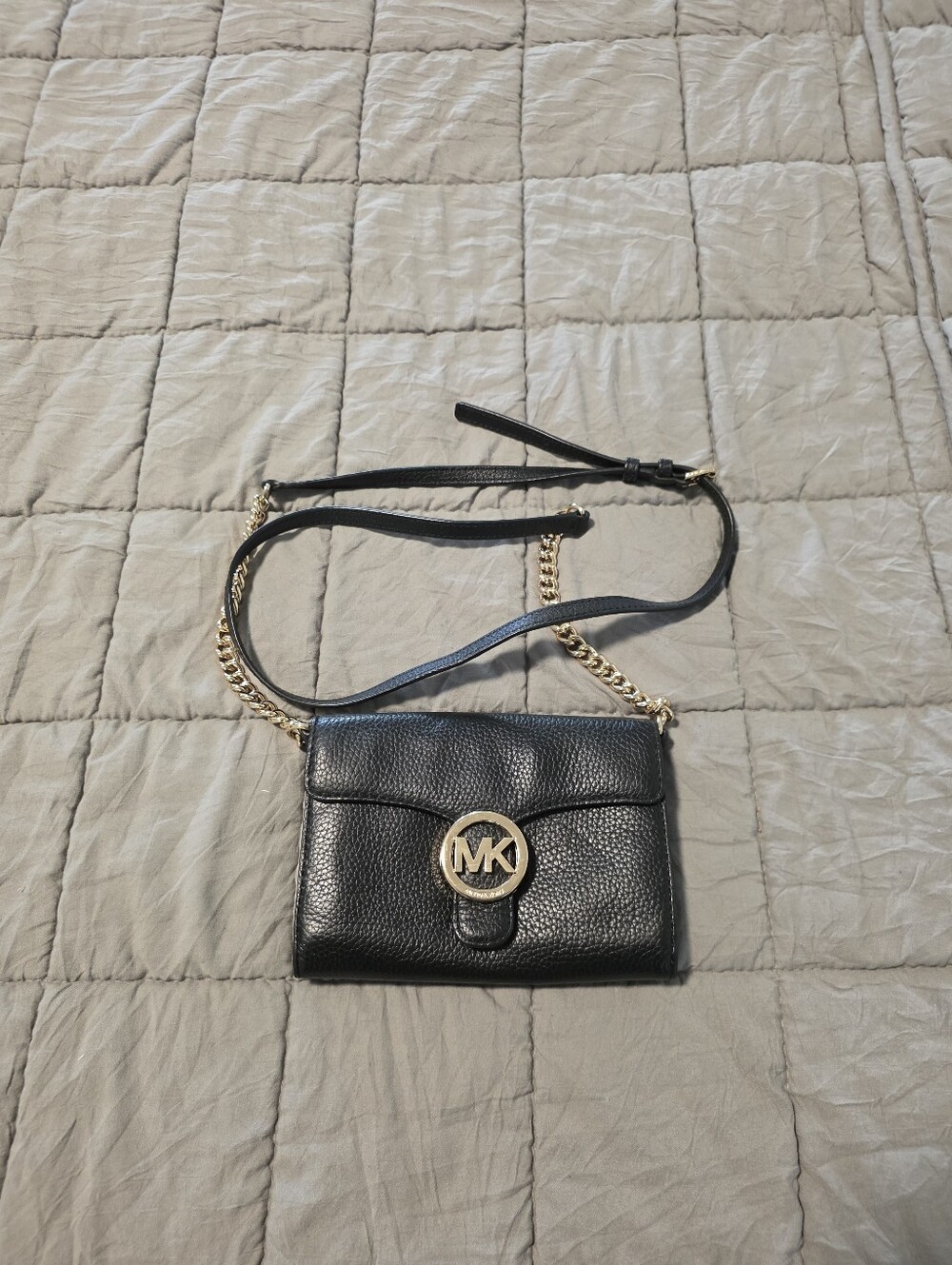 Michael Kors Black Pebbled Leather Small Crossbody with Gold Logo